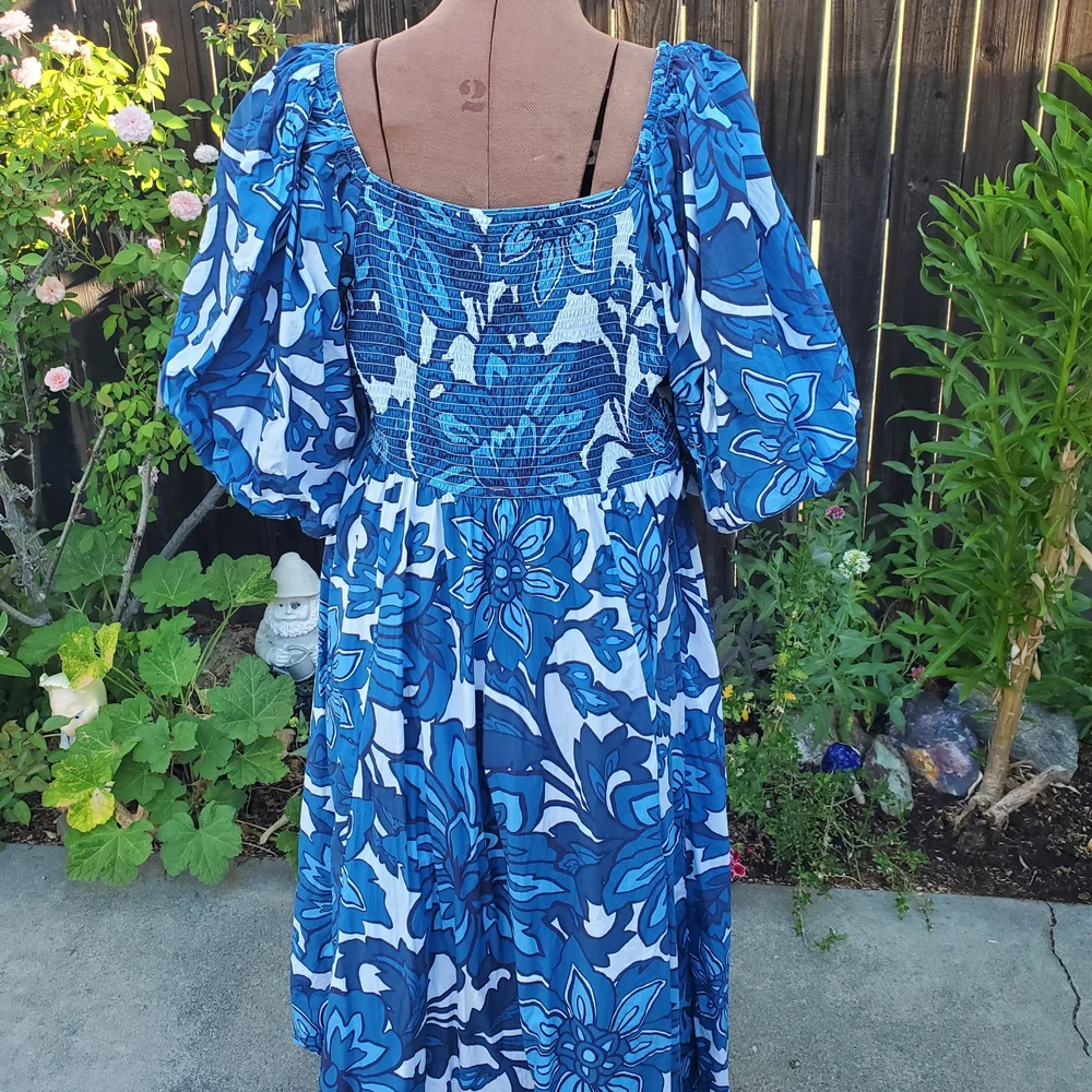Blue Floral Puff-Sleeve Maxi Dress with Square Neckline - Picture 5 of 7